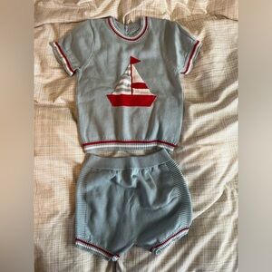 Blue Sailboat Knit Baby Outfit